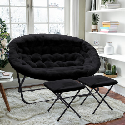Folding Upholstered Double Saucer Chair with a Steel Frame and 2 Folding Ottomans