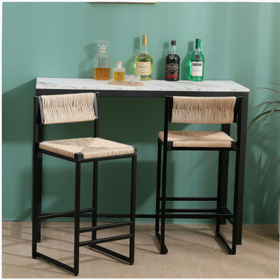 Ensemble de 2 tabourets de bar en miel, corde de papier et table de salle à manger et chaises fabriqués à la main, convenant à un îlot de cuisine, un bar et un bar à miel.