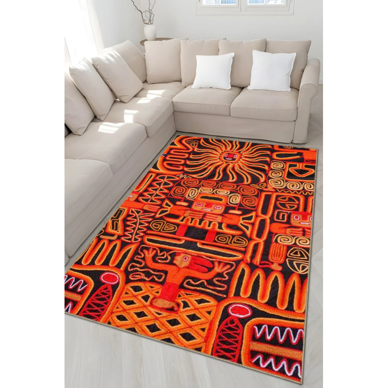 Tapis orange à motif abstrait orange, Rond 3 pi 4 po