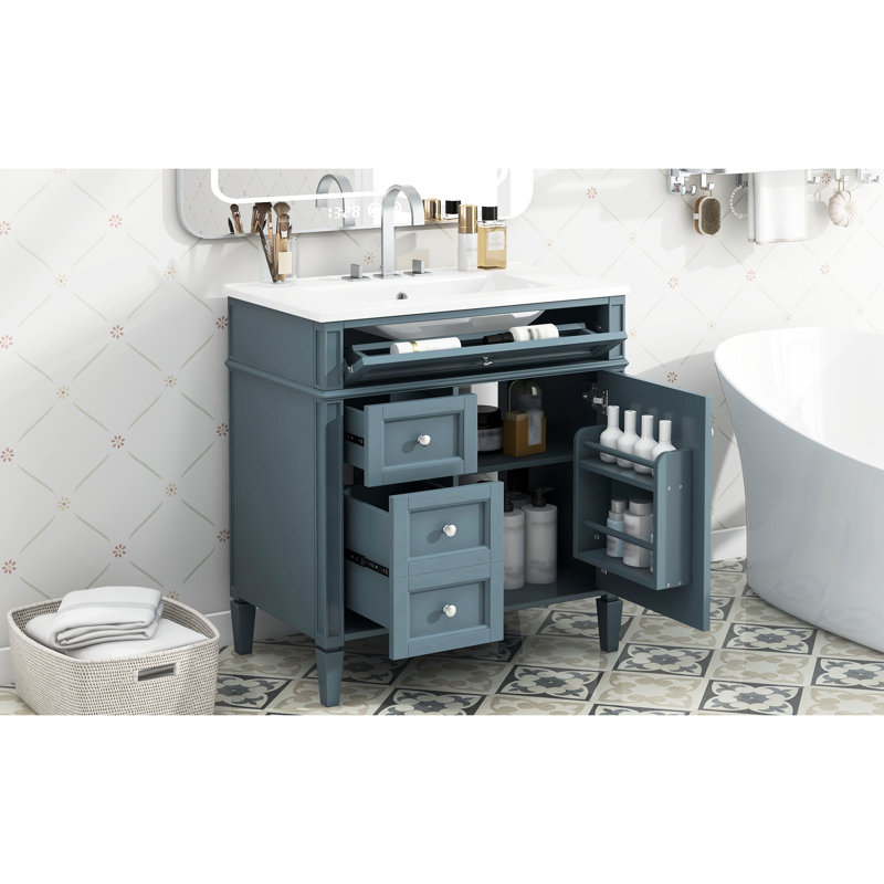 Meuble-lavabo de 30 po avec lavabo en céramique, tiroirs coulissants silencieux et poignée texturée pour 3 armoires de rangement élégantes, tablette fonctionnelle réglable