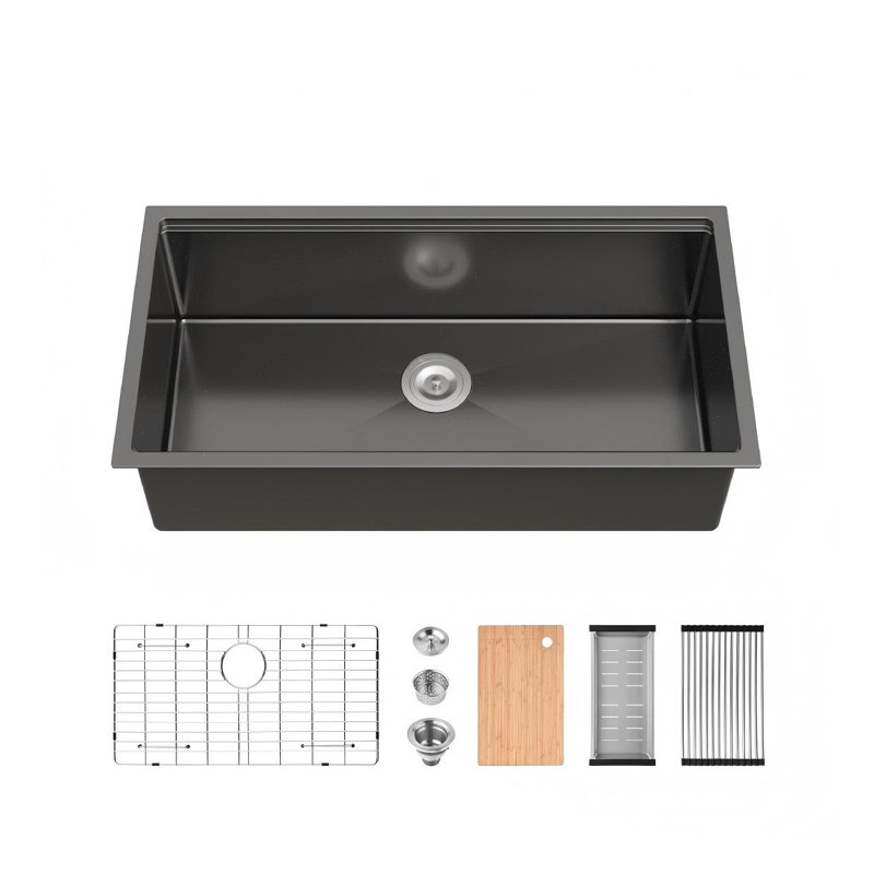Évier de cuisine encastrable 36 po x 19 po - Bol simple en acier inoxydable 304 de calibre 20 avec fixation pour robinet cascade et finition noire