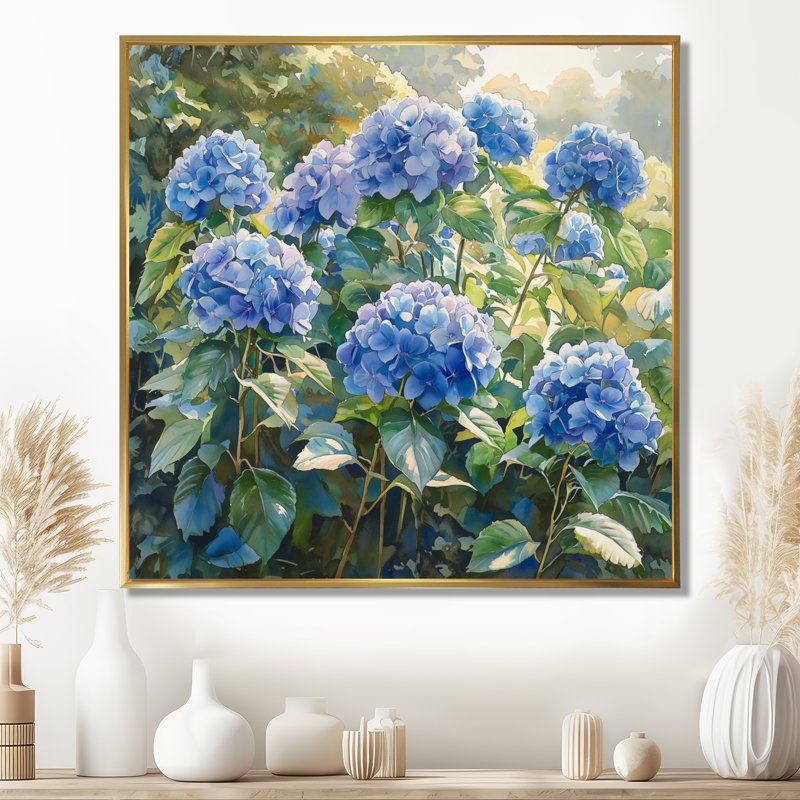 Hydrangea Garden Delight Harmony I - Hydrangea, art mural, Impression encadrée flottante sans passe-partout, Doré