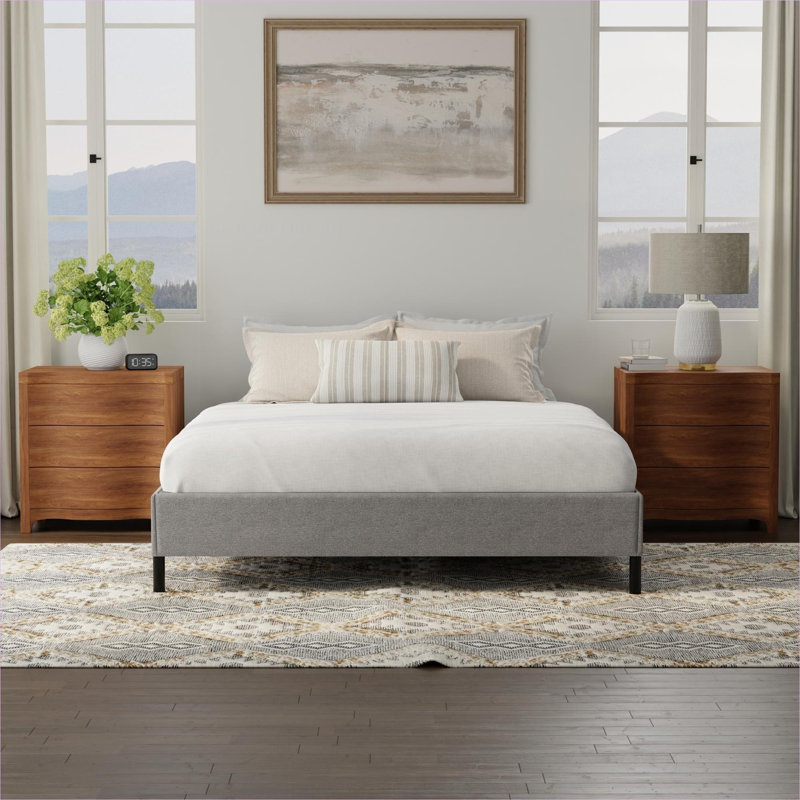 Black  upholstered platform bed base, queen size bedroom mattress support for all standard mattress types, Queen