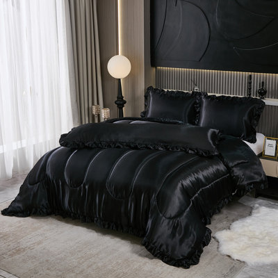 Satin King Comforter Set Silk Like Black Bedding 4 Pcs Hotel Soft Polyester Bed Set Luxury Silky Body Pillow Cover Ruffle Home Decor