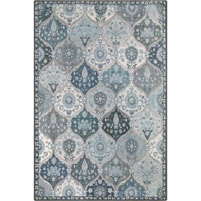 Moroccan Machine Washable Area Rugs, 4X6 Rug For Living Room Bedroom, Soft Non-Slip Rug Vintage Trellis Ultra-Thin Throw Carpet For Dining Room Office, Blue