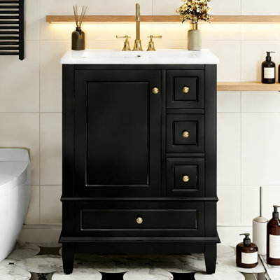 Meuble-lavabo de 24 po avec lavabo en céramique intégré et rangement spacieux, parfait pour les petites salles de bain et les chambres d'amis