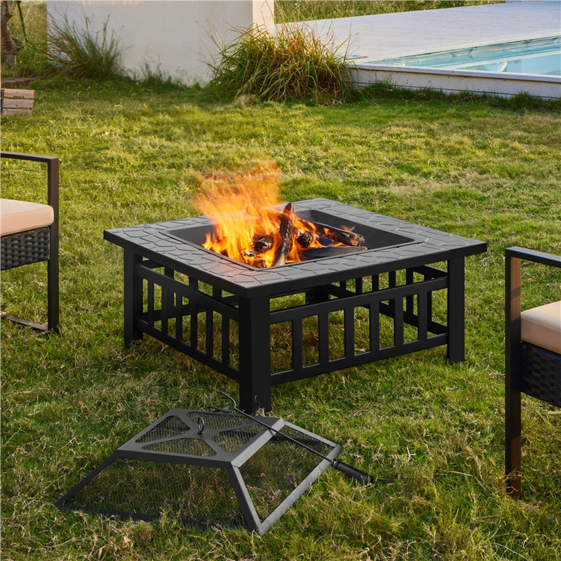  Steel Charcoal and Wood Burning Fire Pit, Black, 80.5cm L x 80.5cm W x 49.5cm H