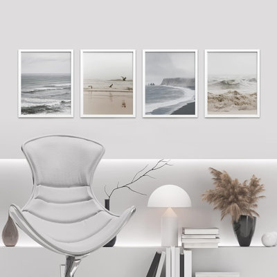 Ocean Beach Seashore Coastal Pictures Neutral Nautical Framed Wall Art 4 Pieces Paper Print