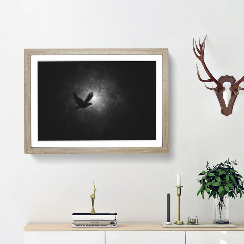 Flying Dove Bird - Picture Frame Graphic Art Print, 45cm H x 63cm W x 2cm D, Oak Framed