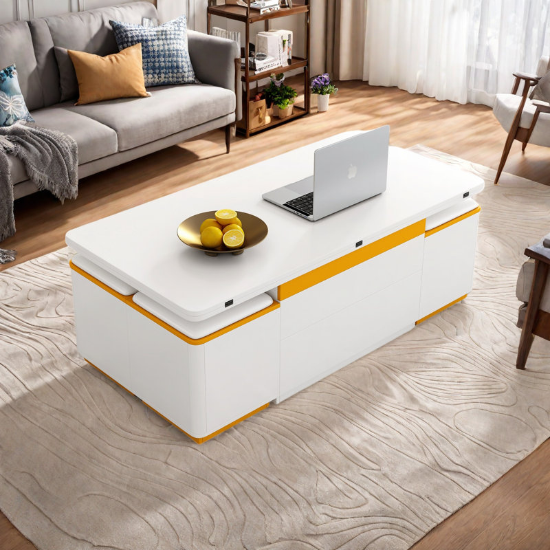 Table basse à plateau relevable avec 4 tabourets de rangement, table basse moderne avec plateau pliable, table basse réglable multifonctionnelle pour le salon