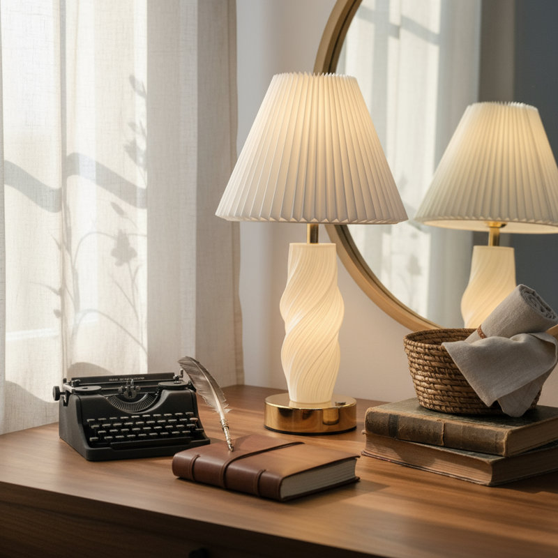 Lampe de table à DEL imprimée en 3D avec base lumineuse, lampe de bureau moderne à abat-jour en tissu plissé, lampe de chevet rechargeable USB pour chambre à coucher, salon, entrée
