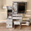 Ensemble de coiffeuse avec miroir éclairé coulissant, coiffeuse à maquillage avec 4 tiroirs et 9 espaces de rangement, compartiments cachés et tabouret rembourré, mobilier de beauté blanc pour la chambre à coucher