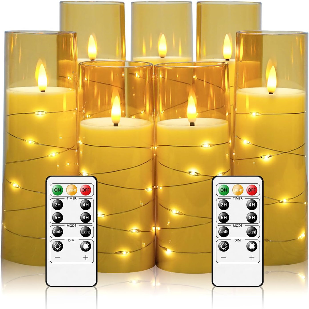 Flameless Candles With Embedded Star String, Battery Operated LED Pillar Candles With Timer And Remote Control,Home Decorating For Ambiance, Set Of 7 (D 2.3"×H 5" 5" 6" 6" 7" 7" 7")(Gold) The Holiday Aisle® 