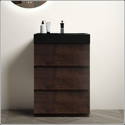 24" Walnut Bathroom Vanity with Sink, Large Storage Freestanding Bathroom Vanity for Modern Bathroom, One-Piece Black Sink Basin without Drain and Faucet, Pre-assembled