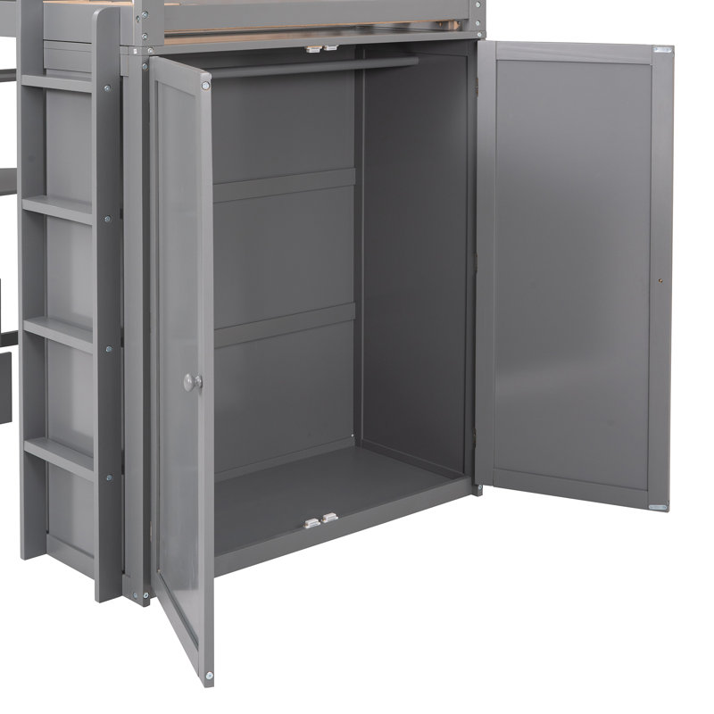 Lit mezzanine avec tiroirs, bureau et garde-robe, Lit simple, Gris