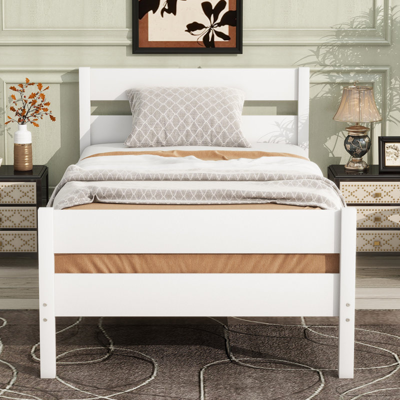 Lit simple avec tête et pied de lit, structure en bois d'hévéa massif, design minimaliste avec rangement, blanc, Blanc