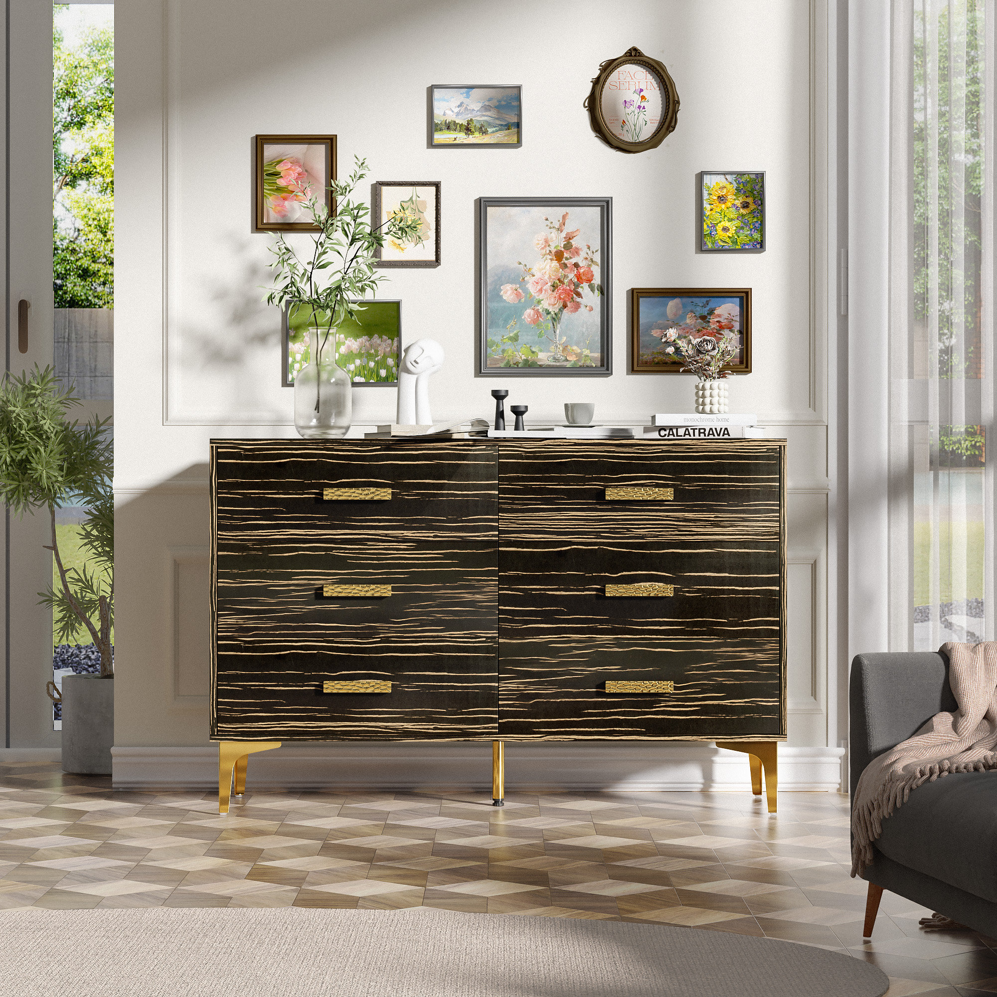 Mercer41 Classy Beesan 6-Drawer Dresser Chest with High Gloss and ...