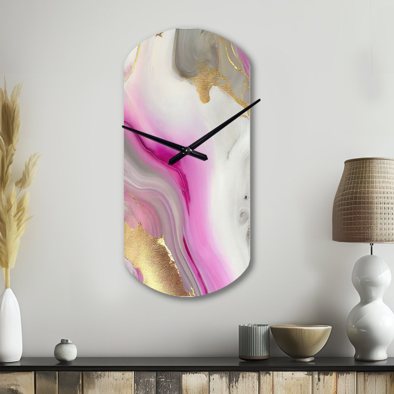 Rose et or marbre abstrait II - horloge murale cylindrique en métal, horloge murale asymétrique moderne, Petit