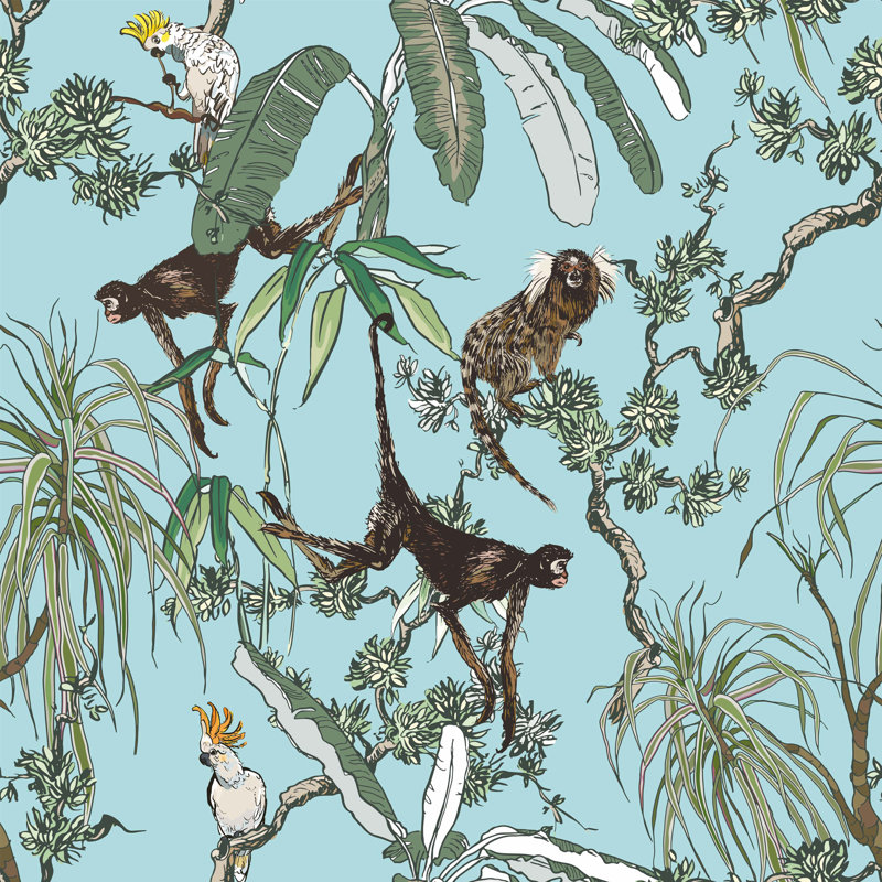 Papier peint amovible Monkeys And Parrots In Exotic Plants, L 9 po x l 15 po
