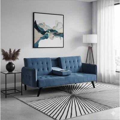 72" Velvet Convertible Sofa Bed with Cup Holders, Tufted Folding Futon Sleeper Couch, Mid-Century Modern 3 Seater for Small Spaces, 72" L x 34.6" D x 31" H