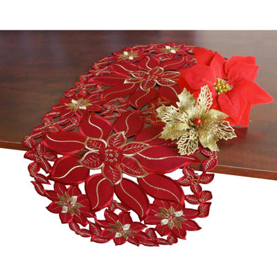 Holiday Christmas Table Runner 16"X34",Embroidered Red Christmas Folwer Table Topper, For Home Kitchen Party Festival Table Decoration