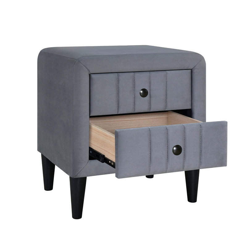 2 Drawers Brushed Linen Fabric Nightstand With Tapered Shape Legs, Gray
