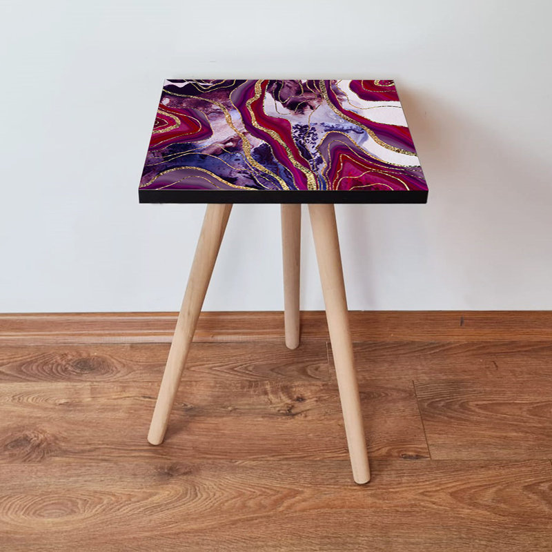 Abstract Marble Side Table, 100% MDF with Beech Wood Legs, 13.8 x 16.5 x 13.8 inches | Durable & Stylish Design | Perfect for Living Room, Bedroom, or Office | Modern Accent Furniture