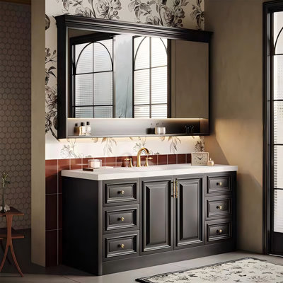 Meuble-lavabo autoportant en bois d'hévéa massif 59,06 po avec armoire à miroir