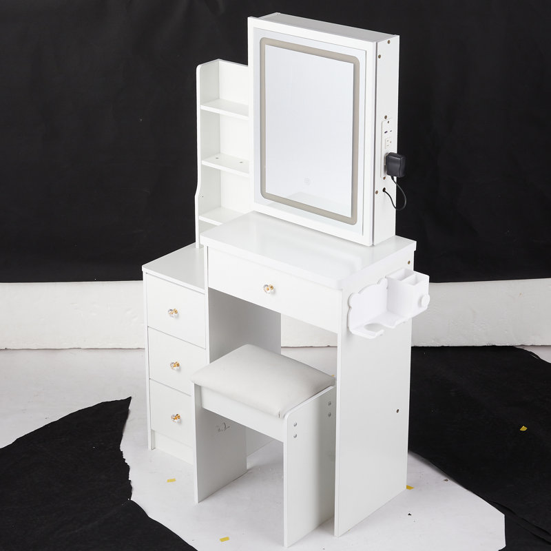 Left Side Bedside Cabinet Vanity With Stool, Extra Large Sliding Led Mirror Touch Control, 2 Ac + Sockets, Hair Dryer Bracket, 3-Color Lights, White Small Snug Cozy Extraordinarily Massive