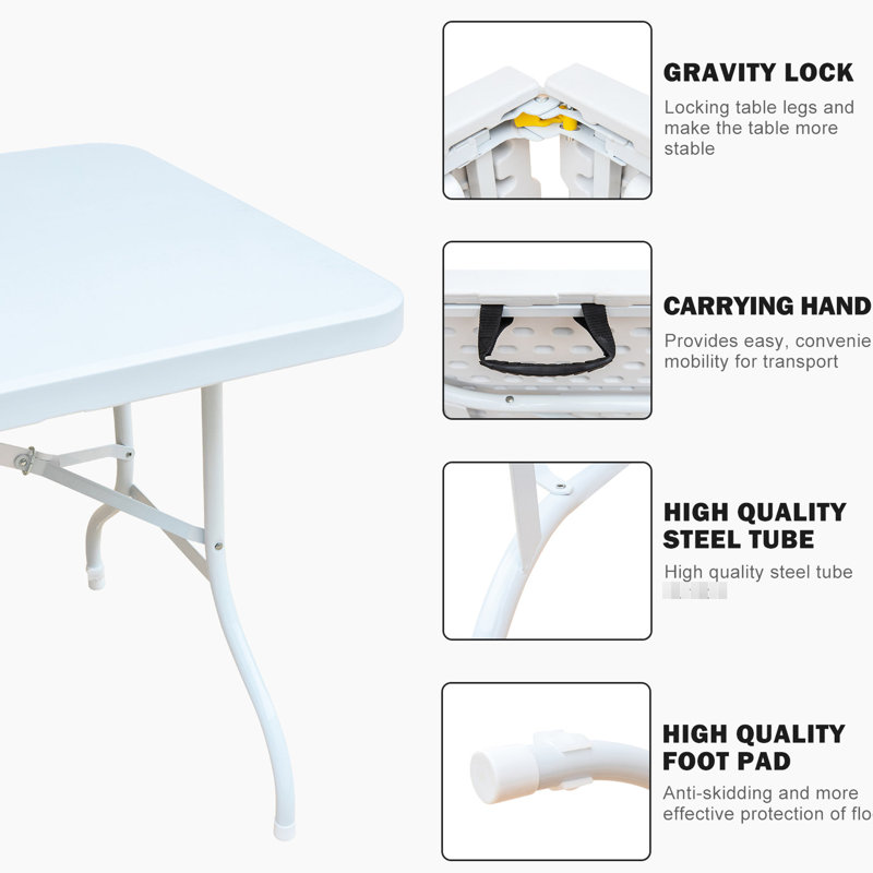 Table en plastique pliable portative de 6 pi pour le camping, les pique-niques et les fêtes. Grande capacité de charge. Plateau de table lisse et imperméable. Fabrication triangulaire stable. Trois hauteurs réglables. Léger,
