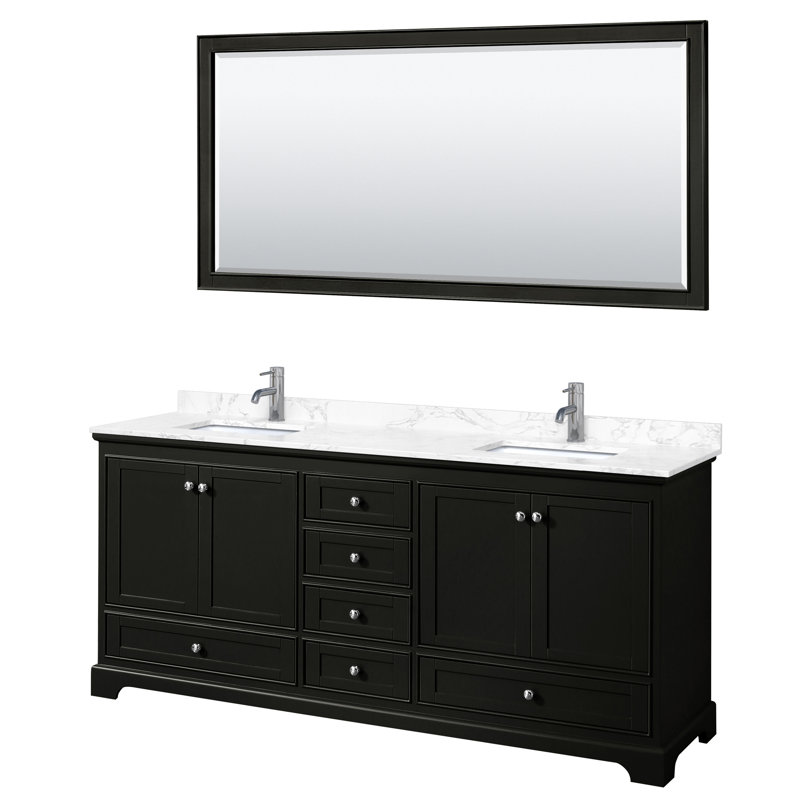 Ensemble de meuble-lavabo double 80 "avec miroir Deborah, Espresso foncé, Marbre de culture blanc, Chrome poli