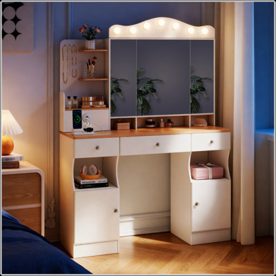 Stylish Vanity Desk With Mirror, Lights, And USB Power Strip, Featuring Three Drawers And Two Cabinets For Organized Storage