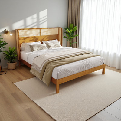 Premium Rubber Wood Platform Bed Frame, King Bed Frame With Headboard Included, Mid Century Modern Bed
