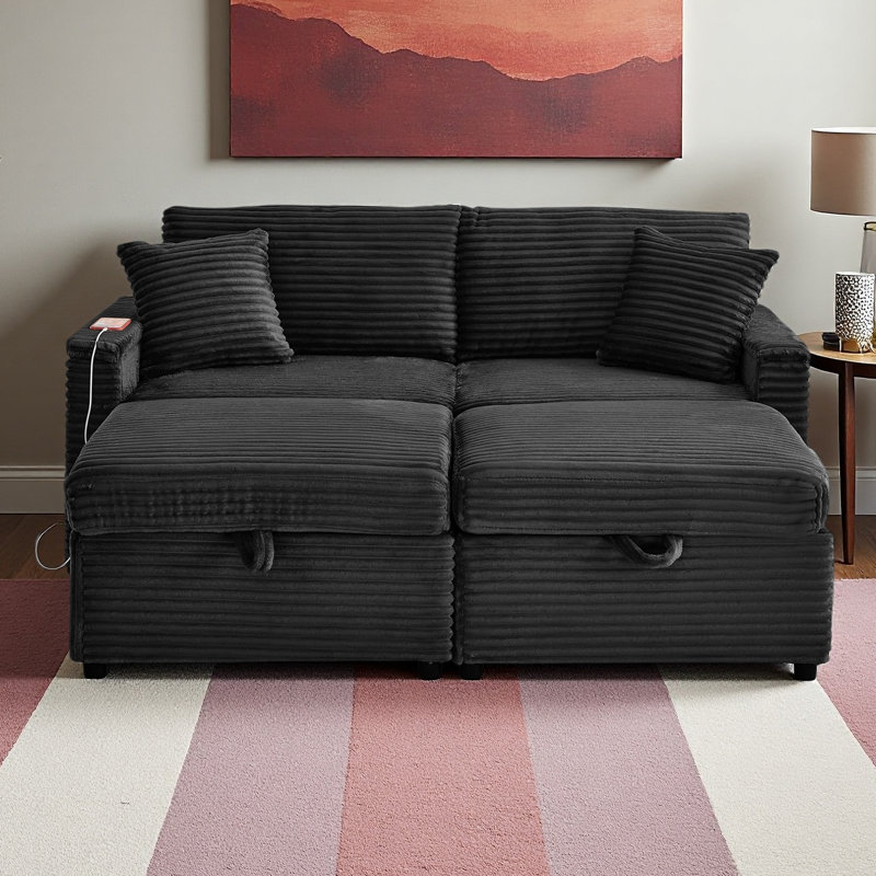 Canapé confortable moelleux en velours côtelé, espace de rangement pour grande causeuse, méridienne super moelleuse avec repose-pieds double et table de bout