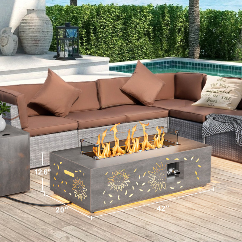 12.6’’ H X 42’’ W Metal Propane Outdoor Gas Fire Pit Table Hollow Design Sunflower With Golden Light