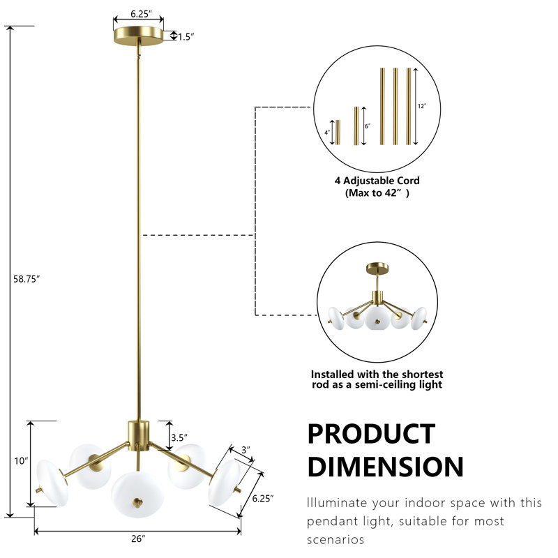 5 - Light Dimmable Modern Polished Brass LED Chandelier for Hallway/Kitchen Island.Features White Glass Shade.