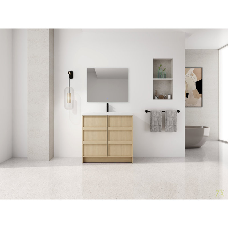 Meuble-lavabo sur pied 36 po avec lavabo en résine et 2 portes d'armoire à fermeture en douceur, contreplaqué (KD-PACKING)