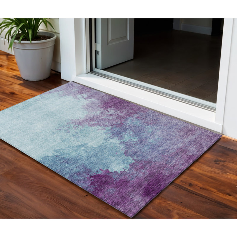 Tapis extérieur lavable abstrait bleu ciel et mauve 3 pi x 5 pi