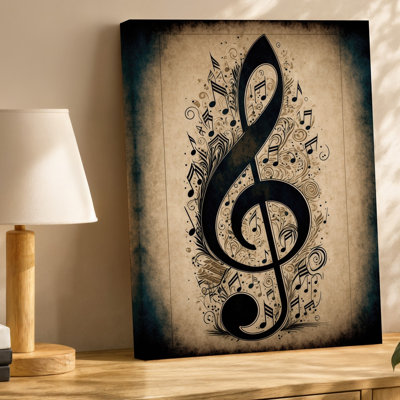 Toile, œuvre d'art d'inspiration rétro mettant en vedette une clé de sol en relief entourée d'un ensemble de notes de musique tourbillonnantes, ensemble