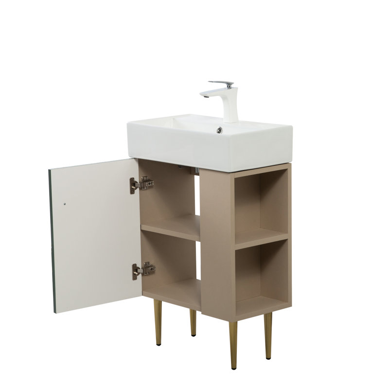 Base de meuble-lavabo de 21,6 po avec tablette ouverte à droite, rangement amélioré, cuve en céramique et bois massif, fonction de fermeture en douceur, tablette facile à installer à droite, construction, portes, installation, imperméable