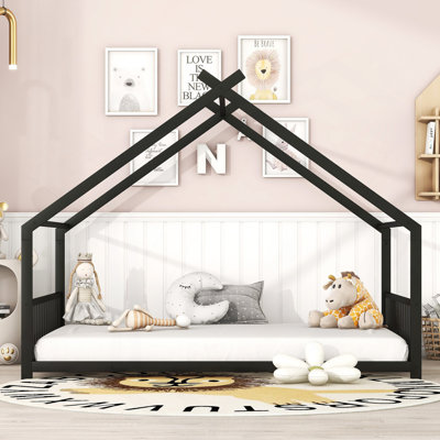 Playhouse Bed, Sturdy Metal Frame, Semi-Enclosed Design, Includes Slats (No Box Spring)