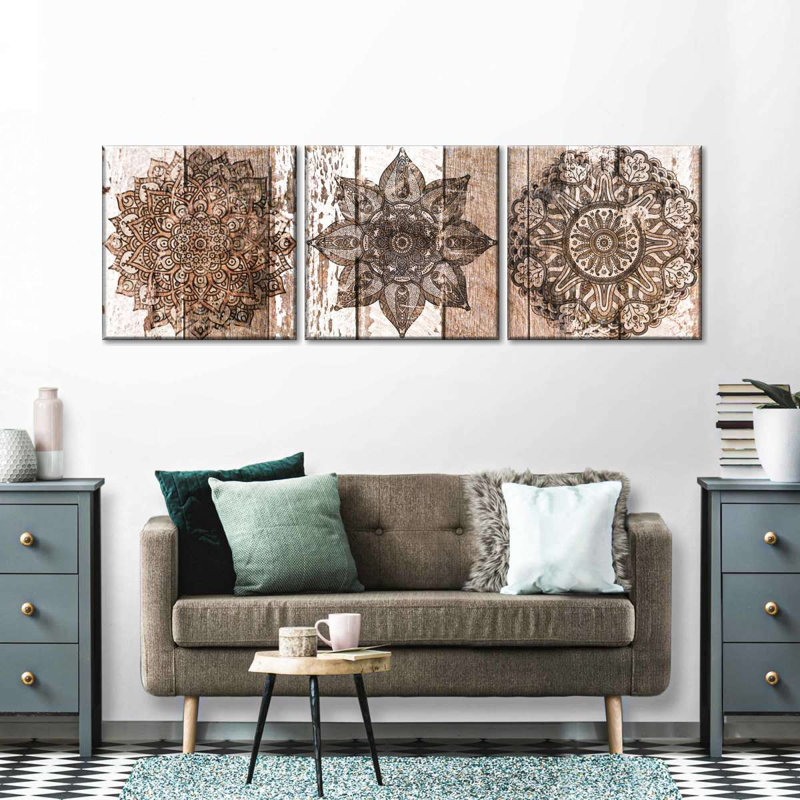 Ensemble de 3 mandalas sur bois sur toile, H 24 po x l 74 po x P 1,25 po