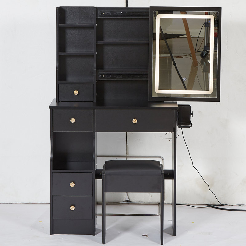 Petite coiffeuse 29,2 po avec tiroir à gauche, tabouret rembourré, 2 blocs d'alimentation AC + 2 USB, support pour sèche-cheveux, très grand miroir coulissant à commande tactile, interrupteur tricolore