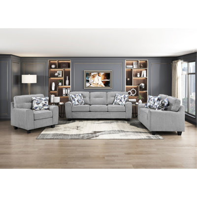 Ensemble de canapé-lit contemporain contemporain 3 pièces avec canapé et causeuse gris en chenille durable et coussins décoratifs en bois