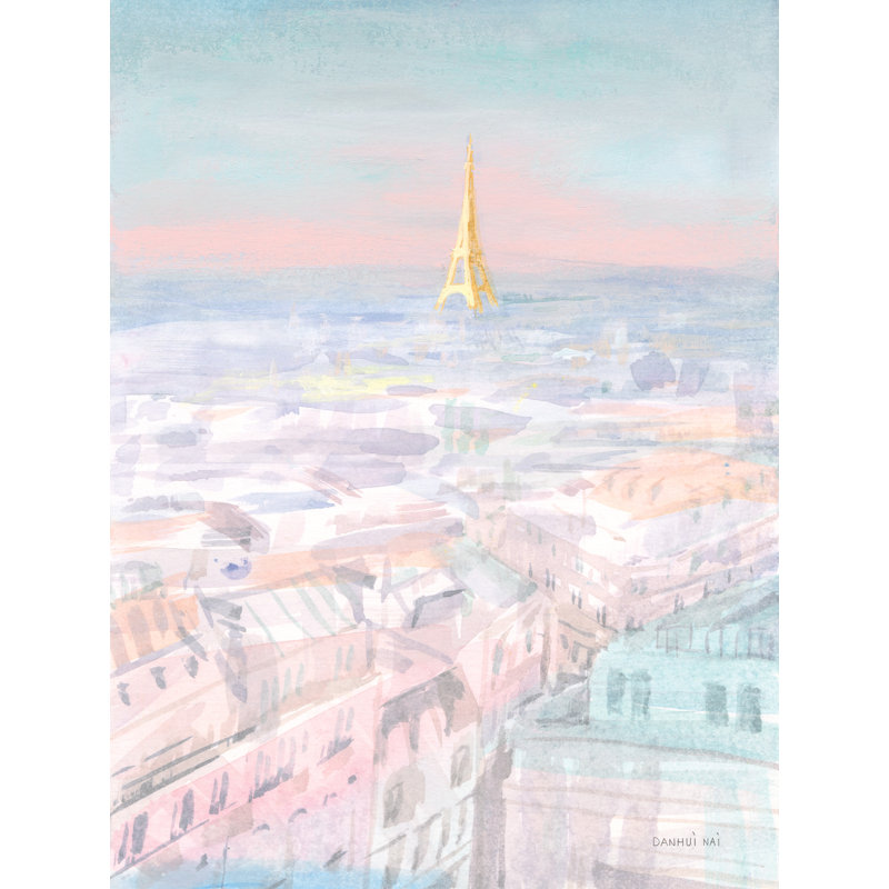 Pastel Paris IV, Tour Eiffel, doux, vert menthe, rose, jaune, gris, or, H 26 po x l 50 po x P 1,5 po
