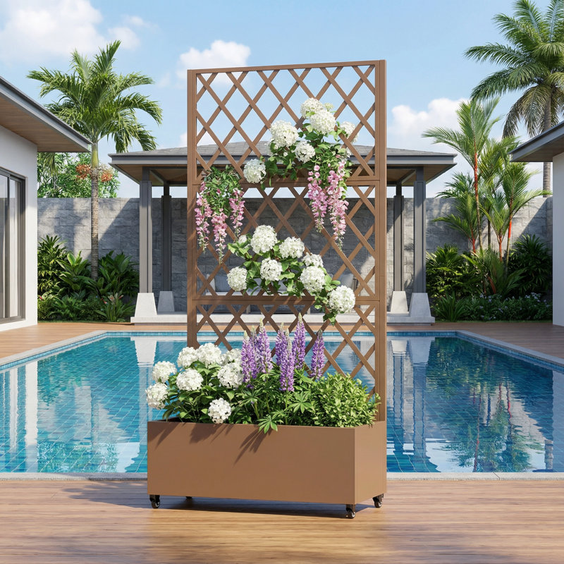 73"H×35"W Metal Planter Box with Trellis with Wheels, 73" H x 35" W x 16" D, Brown
