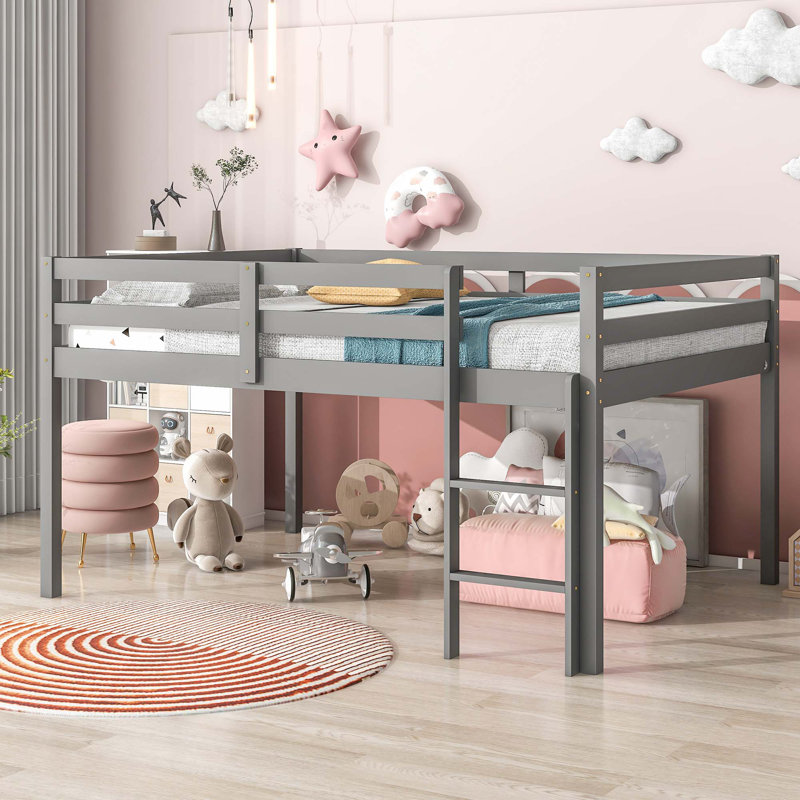 Lit mezzanine avec échelle en bois massif, Gris