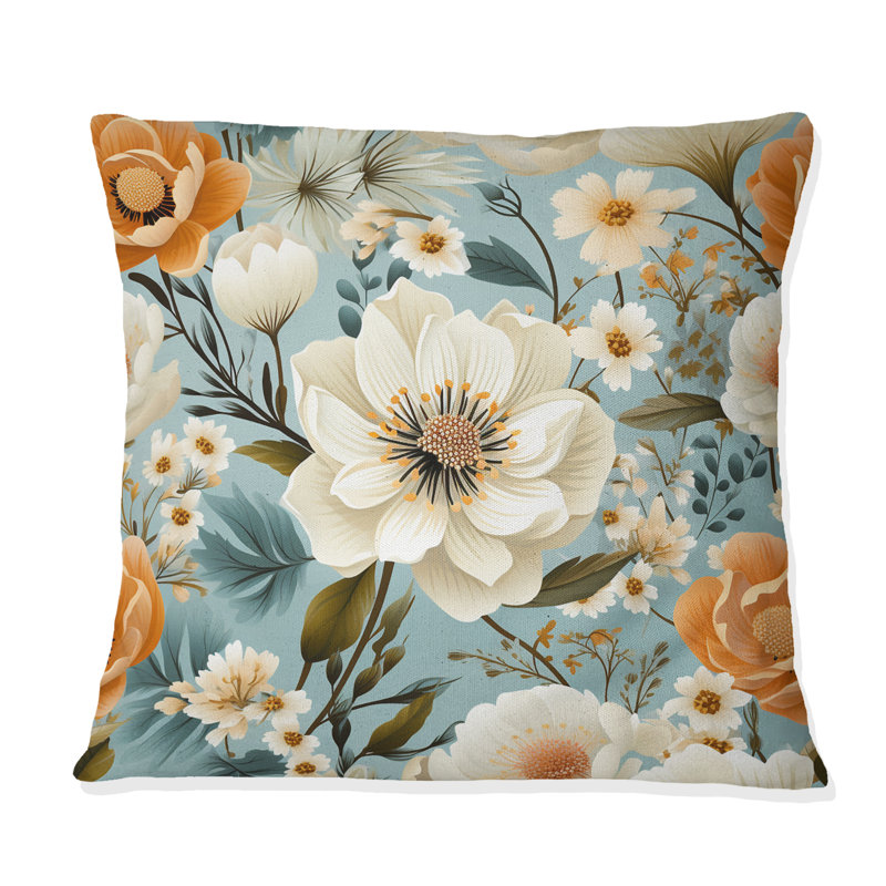 Coussin décoratif orange à motif floral rustique orange II, H 16 po x l 16 po
