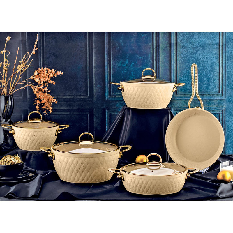 9-Piece Granite Cookware Set, Cream Color | Includes 3 Pots (3.5L, 6.5L, 11L) & 1 Pan (10.2 inches) with Glass Lids | Durable, Non-Toxic, and Stylish Kitchen Essential | Ideal for Everyday Cooking & Gourmet Meals