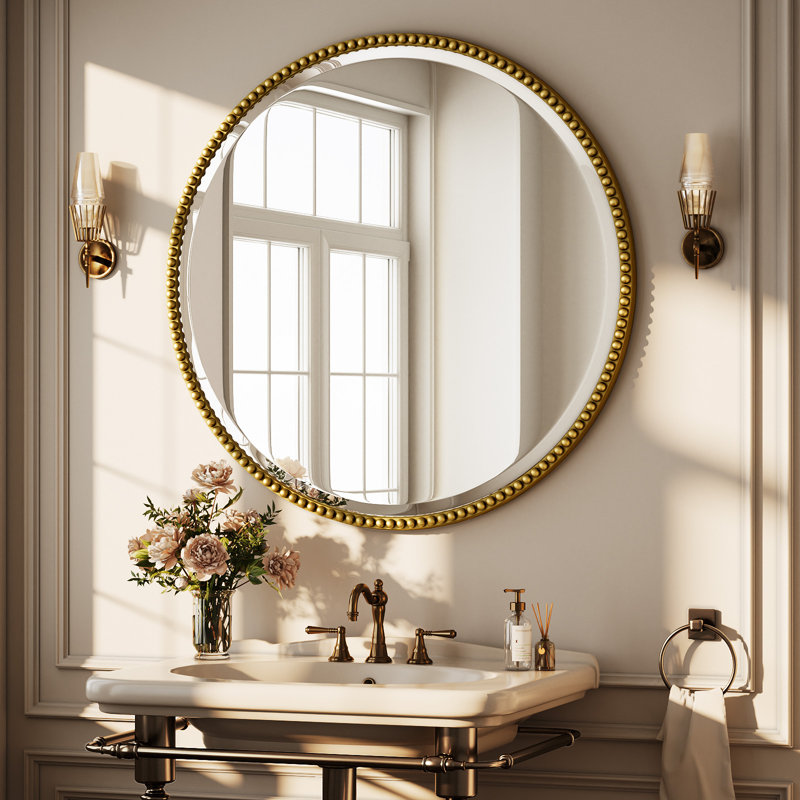 Beaded Round Wall Mirror Decorative Vanity Bathroom Mirror With Resin Frame, 24" H x 24" W, Gold